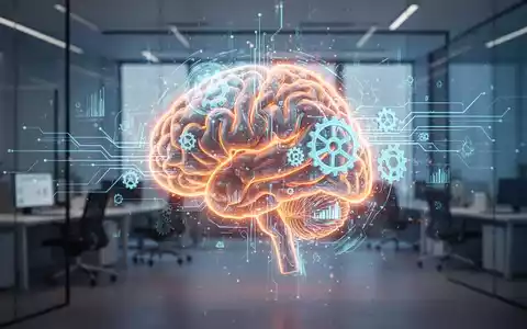 Eine stilisierte, leuchtende Gehirngrafik mit Datenströmen und Zahnrädern in einem modernen Büroumfeld, die Effizienz und mentale Energie symbolisiert. - Foto: über boerse-global.de