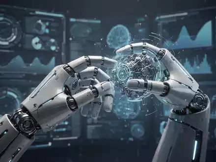 Eine anspruchsvolle humanoide Roboterhand mit metallischen Fingern und einer leuchtenden Handfläche interagiert sanft mit einem komplexen, durchscheinenden Objekt. - Foto: über boerse-global.de