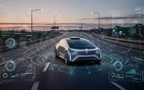 Ein futuristisches autonomes Fahrzeug fährt bei Dämmerung auf einer Autobahn, digitale Schnittstellen heben seine fortschrittliche Technologie hervor. - Foto: über boerse-global.de