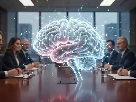Eine leuchtende, vernetzte KI-Hirn auf einem Konferenztisch, mit unscharfen Führungskräften im Hintergrund, symbolisiert den Einfluss von KI auf Unternehmensführung. - Foto: über boerse-global.de