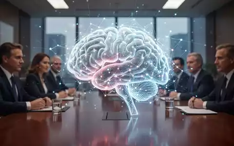 Eine leuchtende, vernetzte KI-Hirn auf einem Konferenztisch, mit unscharfen Führungskräften im Hintergrund, symbolisiert den Einfluss von KI auf Unternehmensführung. - Foto: über boerse-global.de