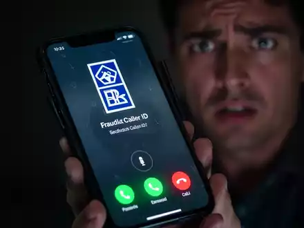 Nahaufnahme eines Smartphones mit gefälschter Bank-Anrufer-ID und einer besorgten Person im unscharfen Hintergrund. - Foto: über boerse-global.de