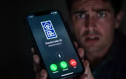 Nahaufnahme eines Smartphones mit gefälschter Bank-Anrufer-ID und einer besorgten Person im unscharfen Hintergrund. - Foto: über boerse-global.de