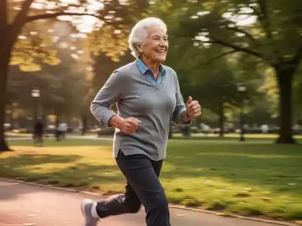 Eine ältere Person läuft zügig und energisch in einem Park, symbolisierend Bewegung, Anti-Aging und Demenzprävention. - Foto: über boerse-global.de