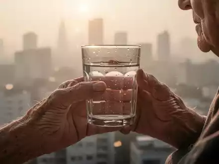 Nahaufnahme einer älteren Hand, die ein Glas Wasser hält, mit verschwommenem, hitzeflimmerndem Stadthintergrund. - Foto: über boerse-global.de