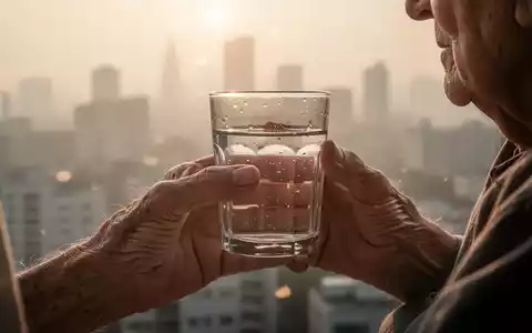 Nahaufnahme einer älteren Hand, die ein Glas Wasser hält, mit verschwommenem, hitzeflimmerndem Stadthintergrund. - Foto: über boerse-global.de