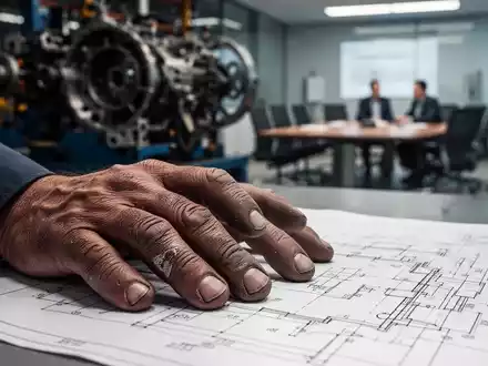 Nahaufnahme der Hände eines Fabrikarbeiters, die auf einem Bauplan ruhen, mit verschwommenen Maschinen im Hintergrund. - Foto: über boerse-global.de
