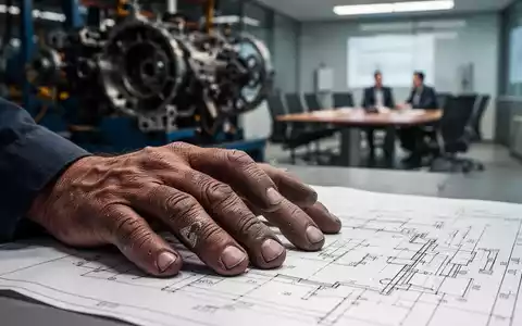 Nahaufnahme der Hände eines Fabrikarbeiters, die auf einem Bauplan ruhen, mit verschwommenen Maschinen im Hintergrund. - Foto: über boerse-global.de