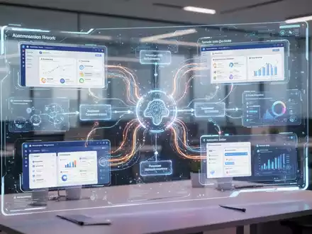 Eine futuristische, integrierte digitale Arbeitsbereichsoberfläche mit verbundenen Work-Management-Tools und KI-Automatisierungen. - Foto: über boerse-global.de
