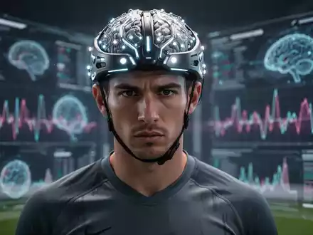 Ein fokussierter Athlet mit einem futuristischen EEG-Helm in einer technologischen Trainingsumgebung, der Konzentration und Leistung symbolisiert. - Foto: über boerse-global.de