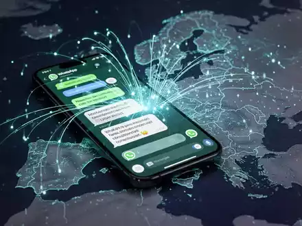 Smartphone mit WhatsApp und ChatGPT-Chat, verbunden durch leuchtende Linien mit einer EU-Karte, symbolisiert KI-Integration und Regulierung. - Foto: über boerse-global.de