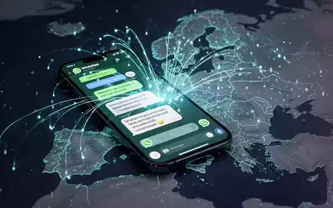 Smartphone mit WhatsApp und ChatGPT-Chat, verbunden durch leuchtende Linien mit einer EU-Karte, symbolisiert KI-Integration und Regulierung. - Foto: über boerse-global.de