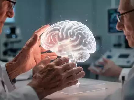 Ältere Hände berühren ein leuchtendes Gehirnmodell mit verschwommenem medizinischem Hintergrund, das Hoffnung bei Alzheimer symbolisiert. - Foto: über boerse-global.de