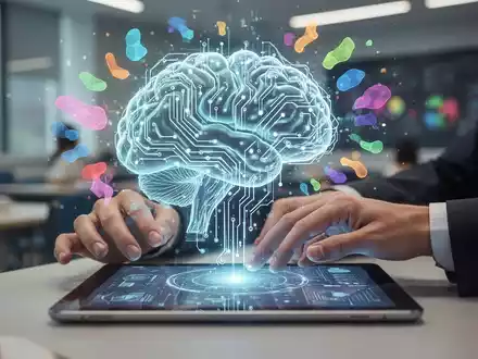Ein stilisiertes Gehirn aus leuchtenden digitalen Schaltkreisen, umgeben von abstrakten Formen und Daten, mit HĂ€nden, die eine holografische Schnittstelle bedienen. - Foto: ĂŒber boerse-global.de