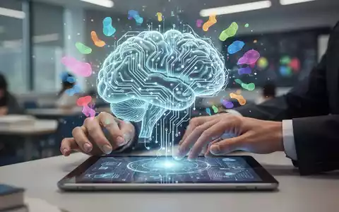 Ein stilisiertes Gehirn aus leuchtenden digitalen Schaltkreisen, umgeben von abstrakten Formen und Daten, mit Händen, die eine holografische Schnittstelle bedienen. - Foto: über boerse-global.de
