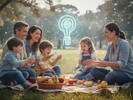 Eine Familie mit zwei Kindern, die im Freien picknickt und spielt, während im Hintergrund schemenhaft digitale Symbole zu sehen sind. - Foto: über boerse-global.de