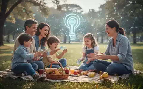 Eine Familie mit zwei Kindern, die im Freien picknickt und spielt, während im Hintergrund schemenhaft digitale Symbole zu sehen sind. - Foto: über boerse-global.de