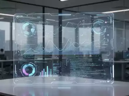 Stilisierte digitale Oberfläche mit abstrakten KI-Datenvisualisierungen und Code, die eine moderne Büroumgebung widerspiegelt. - Foto: über boerse-global.de