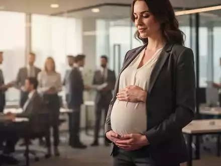 Eine schwangere Frau in Business-Kleidung, die ihren Bauch im Büro berührt, mit unscharfen Kollegen im Hintergrund. - Foto: über boerse-global.de