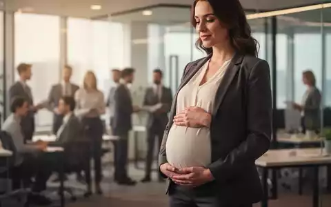 Eine schwangere Frau in Business-Kleidung, die ihren Bauch im Büro berührt, mit unscharfen Kollegen im Hintergrund. - Foto: über boerse-global.de