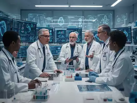 Ärzte und Wissenschaftler analysieren Daten und diskutieren personalisierte Stoffwechselmedizin und Adipositas-Behandlung in einem Labor. - Foto: über boerse-global.de