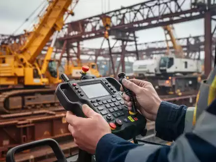 Hände eines Arbeiters bedienen präzise eine moderne Kran-Fernbedienung in einem Industrieumfeld. - Foto: über boerse-global.de