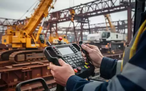 Hände eines Arbeiters bedienen präzise eine moderne Kran-Fernbedienung in einem Industrieumfeld. - Foto: über boerse-global.de