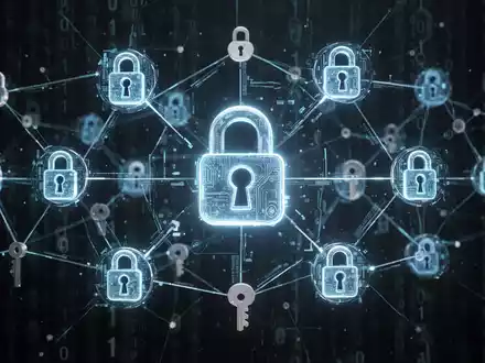 Ein futuristisches Netzwerk aus digitalen Schlössern und Schlüsseln vor dunklem, abstraktem Hintergrund mit Binärcode. - Foto: über boerse-global.de