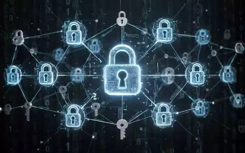 Ein futuristisches Netzwerk aus digitalen Schlössern und Schlüsseln vor dunklem, abstraktem Hintergrund mit Binärcode. - Foto: über boerse-global.de