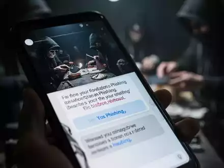 Nahaufnahme eines Smartphone-Bildschirms mit einer betrügerischen Phishing-Nachricht; im Hintergrund verschwommen eine illegale Transaktion. - Foto: über boerse-global.de