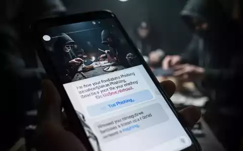 Nahaufnahme eines Smartphone-Bildschirms mit einer betrügerischen Phishing-Nachricht; im Hintergrund verschwommen eine illegale Transaktion. - Foto: über boerse-global.de