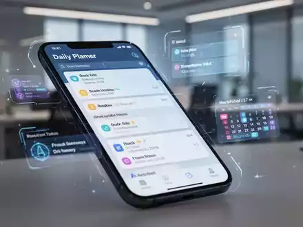 Smartphone-Bildschirm mit futuristischer Tagesplaner-App und KI-Elementen, die neue ProduktivitĂ€tssoftware darstellt. - Foto: ĂŒber boerse-global.de