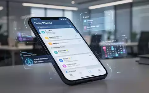 Smartphone-Bildschirm mit futuristischer Tagesplaner-App und KI-Elementen, die neue Produktivitätssoftware darstellt. - Foto: über boerse-global.de