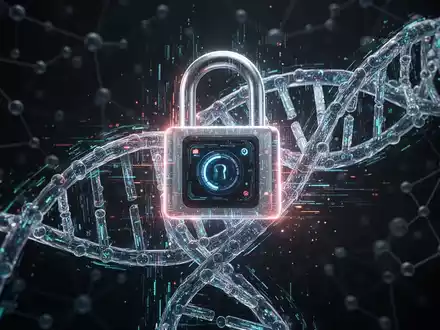 Digitales Vorhängeschloss, verflochten mit DNA-Helix, leuchtende Datenströme, symbolisiert genetische Datensicherheit und -verletzungen. - Foto: über boerse-global.de