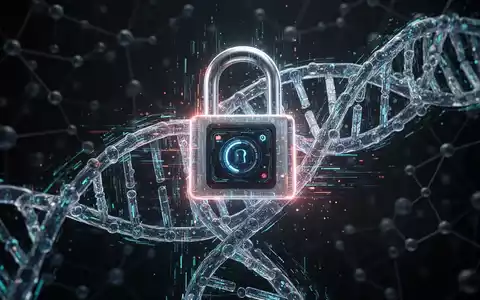 Digitales Vorhängeschloss, verflochten mit DNA-Helix, leuchtende Datenströme, symbolisiert genetische Datensicherheit und -verletzungen. - Foto: über boerse-global.de