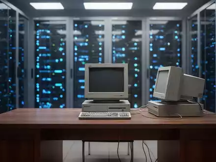 Ein leerer Schreibtisch in einem traditionellen deutschen Regierungsbüro mit einem alten Computer vor unscharfen Serverracks. - Foto: über boerse-global.de