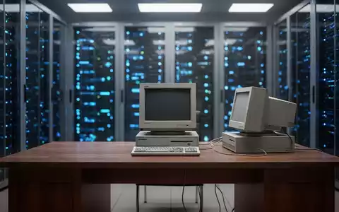 Ein leerer Schreibtisch in einem traditionellen deutschen Regierungsbüro mit einem alten Computer vor unscharfen Serverracks. - Foto: über boerse-global.de