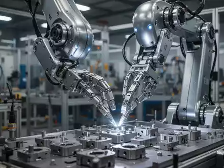 Humanoider Roboter mit leuchtenden Augen an einem Fließband in einer modernen, hellen Fabrik. - Foto: über boerse-global.de