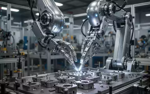 Humanoider Roboter mit leuchtenden Augen an einem Fließband in einer modernen, hellen Fabrik. - Foto: über boerse-global.de