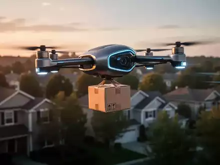 Schlanke, futuristische Drohne fliegt in der Dämmerung über eine Vorstadtlandschaft und trägt ein kleines Paket, Symbol für autonome Logistik. - Foto: über boerse-global.de