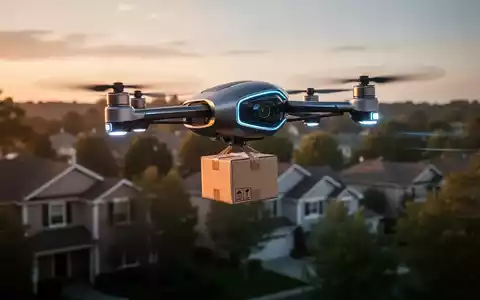 Schlanke, futuristische Drohne fliegt in der Dämmerung über eine Vorstadtlandschaft und trägt ein kleines Paket, Symbol für autonome Logistik. - Foto: über boerse-global.de
