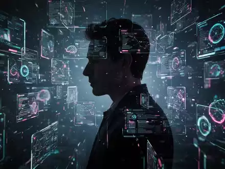 Eine Silhouette vor einem fragmentierten, leuchtenden Bildschirm, der die Herausforderung der Konzentration in der digitalen Welt symbolisiert. - Foto: über boerse-global.de