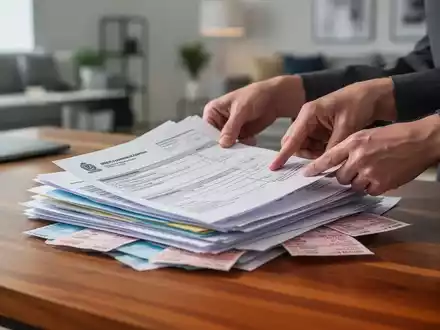 Nahaufnahme der Hände einer Person, die Finanzdokumente und Gehaltsabrechnungen auf einem Schreibtisch sortiert. - Foto: über boerse-global.de