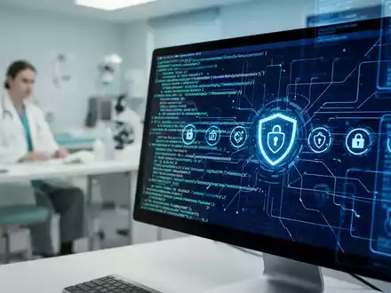 Nahaufnahme eines Computermonitors mit Code und Sicherheitssymbolen, im Hintergrund eine verschwommene Arztpraxis. Fokus auf Cybersicherheit. - Foto: über boerse-global.de