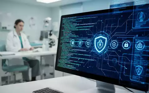 Nahaufnahme eines Computermonitors mit Code und Sicherheitssymbolen, im Hintergrund eine verschwommene Arztpraxis. Fokus auf Cybersicherheit. - Foto: über boerse-global.de