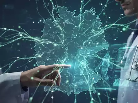 Stilisierte digitale Gesundheitsdaten fließen über Deutschlandkarte, Hand bedient holografische Schnittstelle. - Foto: über boerse-global.de