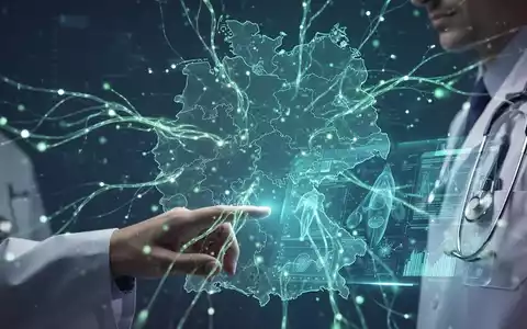 Stilisierte digitale Gesundheitsdaten fließen über Deutschlandkarte, Hand bedient holografische Schnittstelle. - Foto: über boerse-global.de