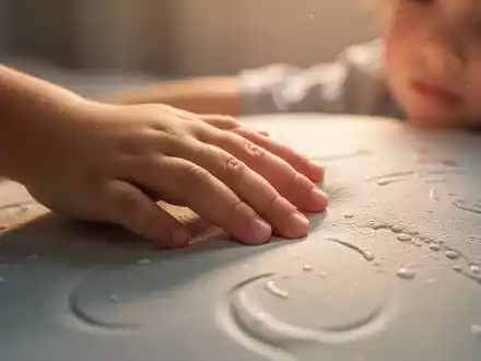 Die Hand eines Kindes, das eine ruhige, strukturierte Oberfläche berührt, symbolisiert Tiefendruckstimulation und therapeutische Berührung. - Foto: über boerse-global.de