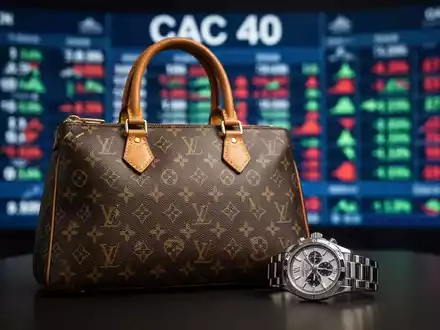 CAC 40 Ticker im Hintergrund, mit einer Luxushandtasche und einer Uhr im Vordergrund, die den Luxussektor repräsentieren. - Foto: über boerse-global.de