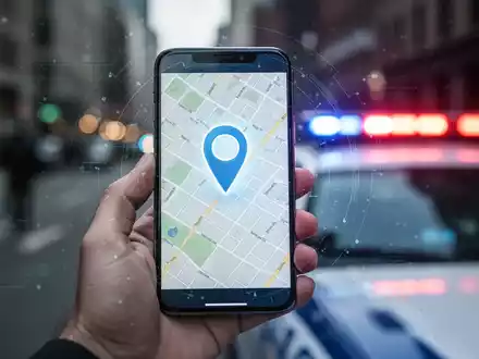Ein Smartphone zeigt eine Karte mit einem Standort-Pin, umgeben von digitalen Sicherheitselementen. Im Hintergrund verschwimmt eine Stadtlandschaft. - Foto: über boerse-global.de